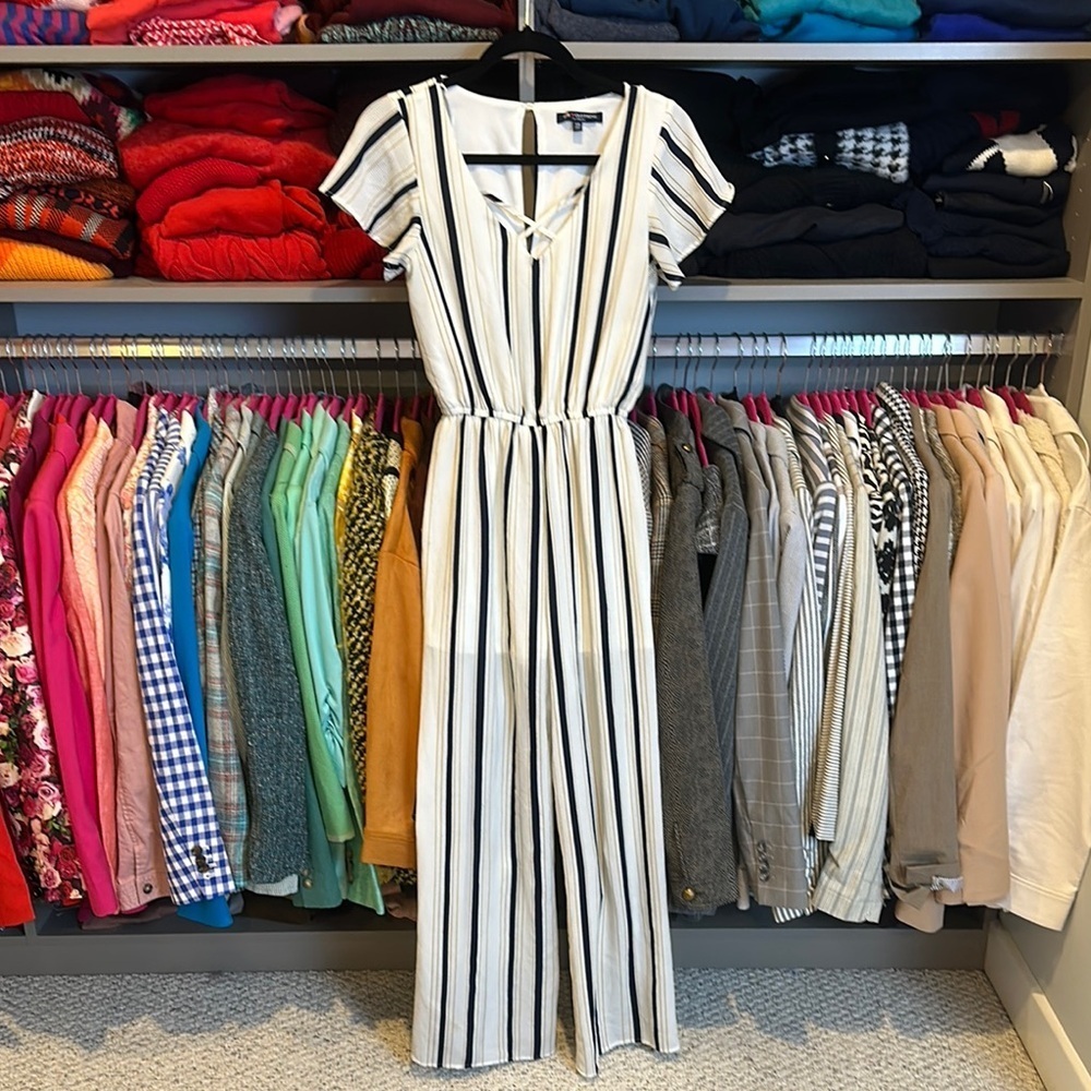 One Clothing white/navy/yellow stripe short sleeve v neck lined jumpsuit size XS